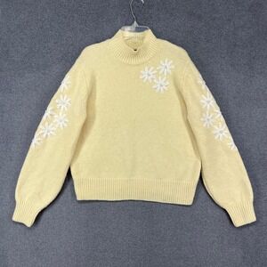 Calligraphie Floral Embroidered Sweater Womens M Yellow Mock Neck Pearl Beaded